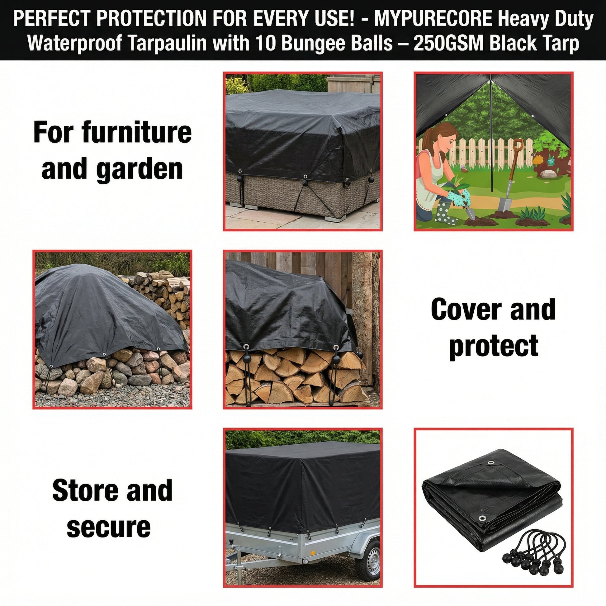 MYPURECORE Heavy Duty Waterproof Tarpaulin 250GSM Black Tarp with 10 Bungee Balls - Durable Weatherproof Tarp Sheet for Camping, Garden, Trailer, Tent & Outdoor Protection