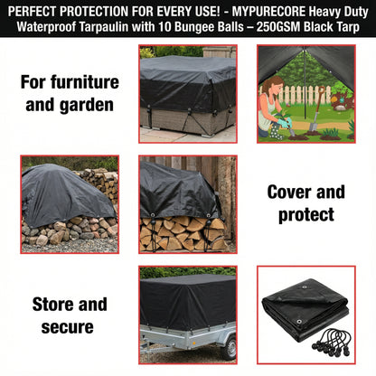 MYPURECORE Heavy Duty Waterproof Tarpaulin 250GSM Black Tarp with 10 Bungee Balls - Durable Weatherproof Tarp Sheet for Camping, Garden, Trailer, Tent & Outdoor Protection