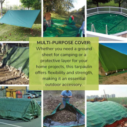 Green Tarpaulin 90GSM Heavy Duty, Waterproof Cover + 10 Bungee Balls - Durable Sheet for Garden, Trailer, Caravan, Camping, Home, Outdoor
