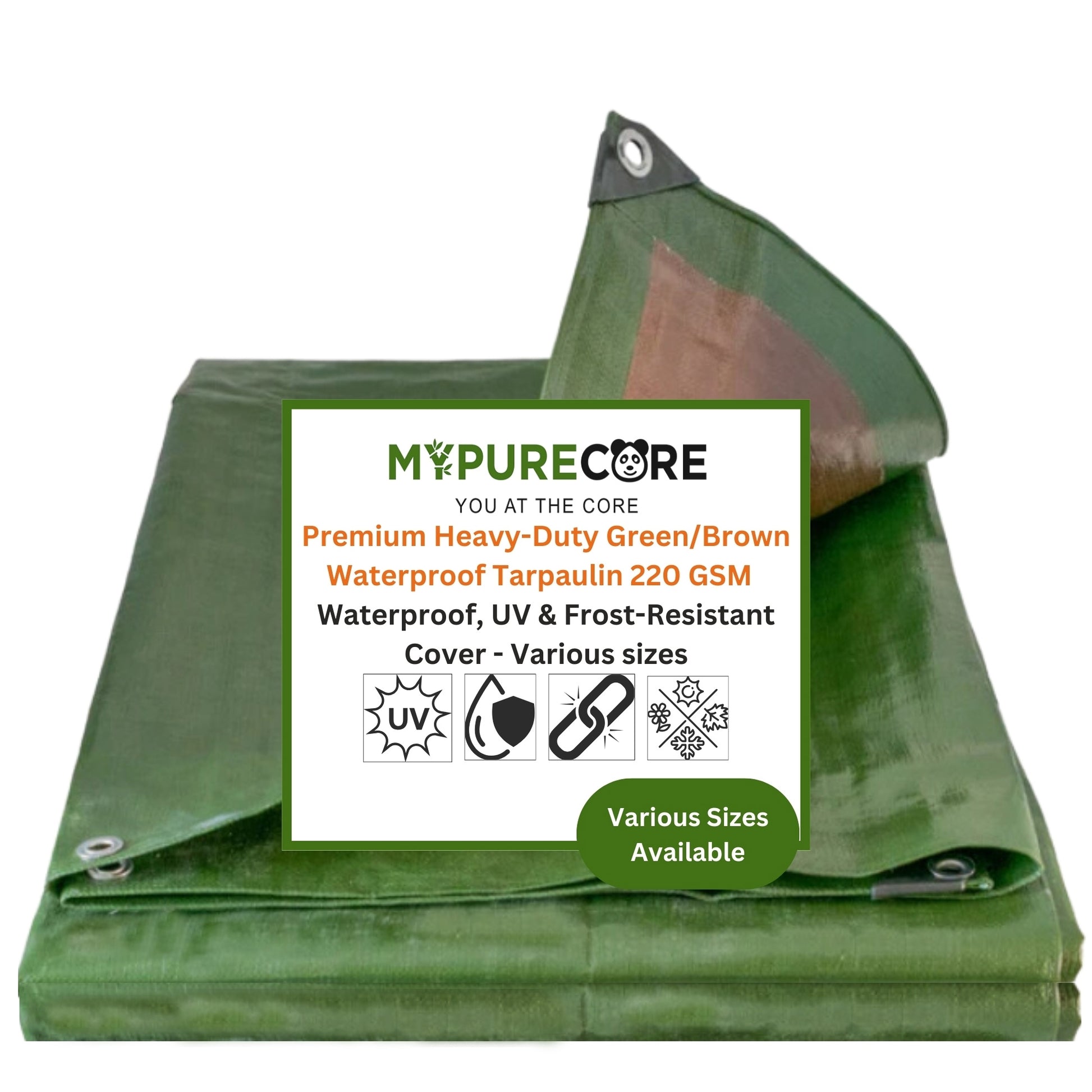 MYPURECORE Tarpaulin Waterproof Heavy Duty 220GSM Dual-Color Green/Brown - Reinforced Eyelets Every 50cm, for Camping, Garden, Greenhouse, Home, Outdoor, Trailers & Sheds
