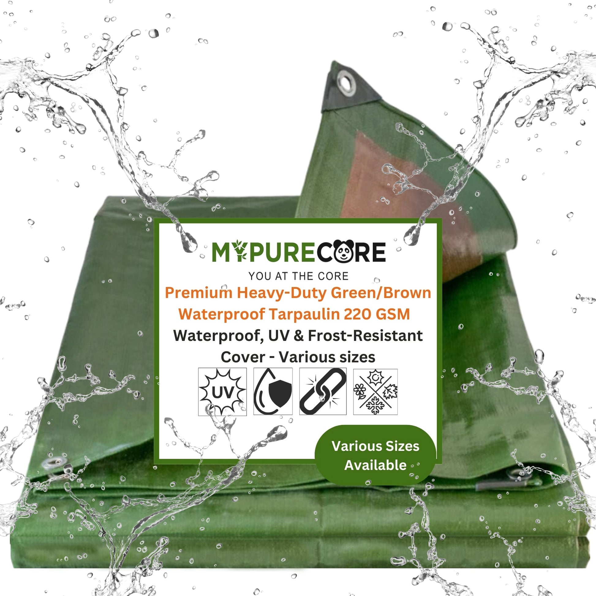 MYPURECORE Tarpaulin Waterproof Heavy Duty 220GSM Dual-Color Green/Brown - Reinforced Eyelets Every 50cm, for Camping, Garden, Greenhouse, Home, Outdoor, Trailers & Sheds
