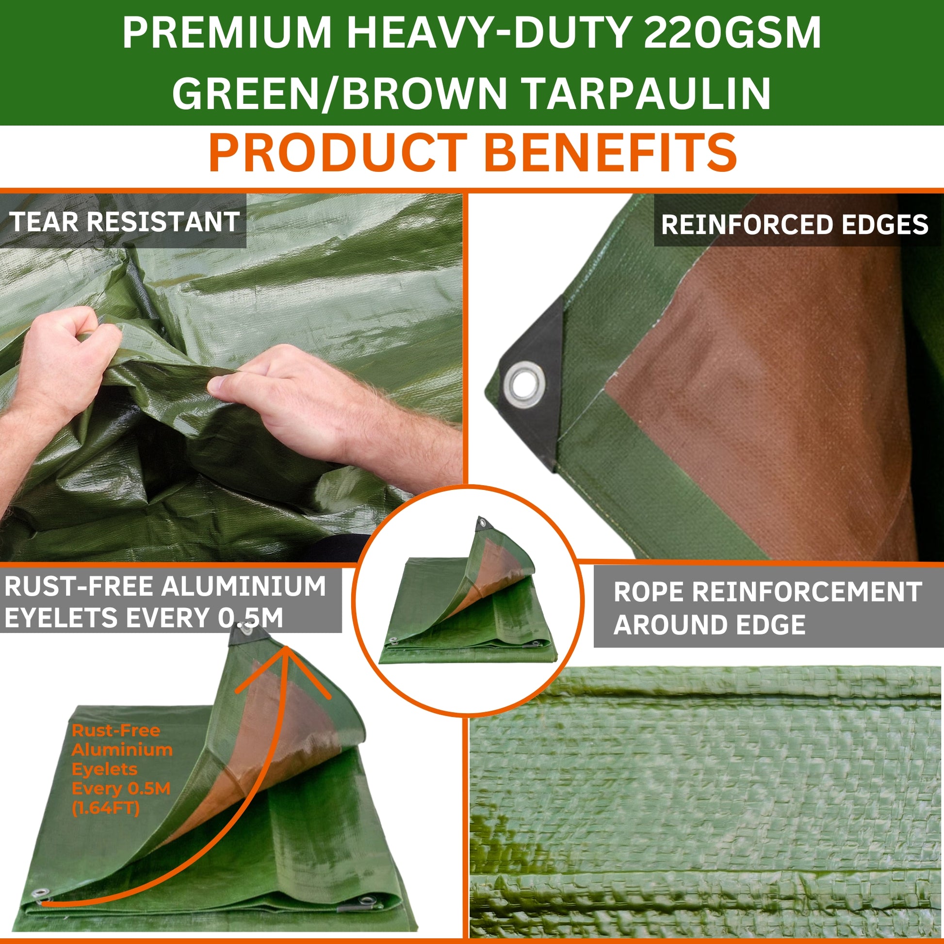 MYPURECORE Tarpaulin Waterproof Heavy Duty 220GSM Dual-Color Green/Brown - Reinforced Eyelets Every 50cm, for Camping, Garden, Greenhouse, Home, Outdoor, Trailers & Sheds