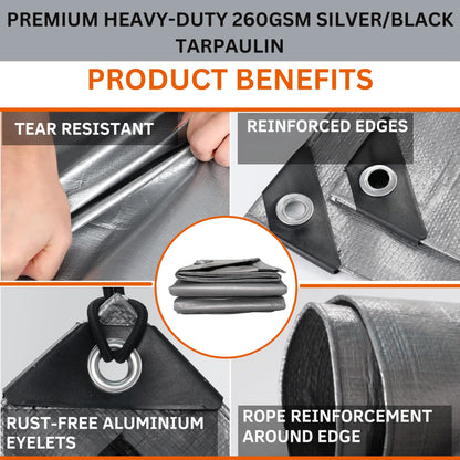 Premium Heavy-Duty Tarpaulin 260 GSM - Waterproof, UV & Frost-Resistant Cover - Silver/Black Sheet with Reinforcement Edge