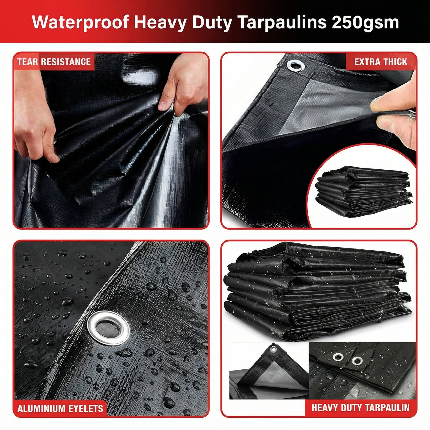 MYPURECORE Heavy Duty Waterproof Tarpaulin 250GSM Black Tarp with 10 Bungee Balls - Durable Weatherproof Tarp Sheet for Camping, Garden, Trailer, Tent & Outdoor Protection