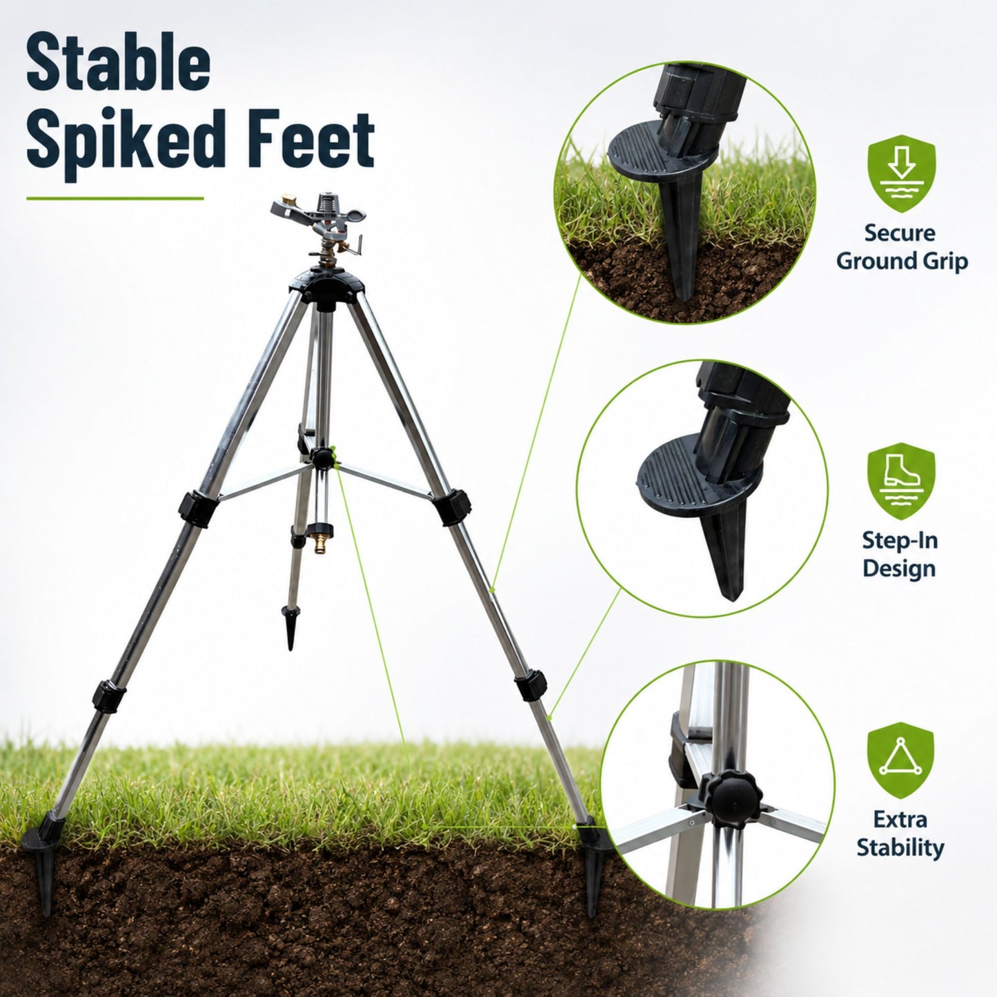 Aluminium Tripod Impact Sprinkler with Female Hose Connector, Adjustable 55-105cm Telescopic Garden Watering Stand with Spiked Feet for Lawns, Borders & Allotments
