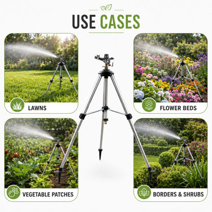 Aluminium Tripod Impact Sprinkler with Female Hose Connector, Adjustable 55-105cm Telescopic Garden Watering Stand with Spiked Feet for Lawns, Borders & Allotments