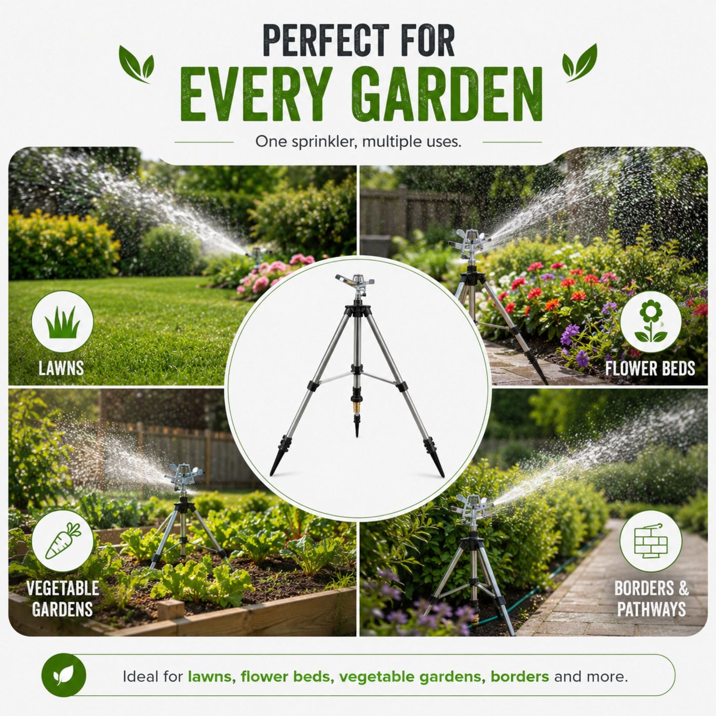 Aluminium Tripod Impact Sprinkler with Female Hose Connector, Adjustable 55-105cm Telescopic Garden Watering Stand with Spiked Feet for Lawns, Borders & Allotments
