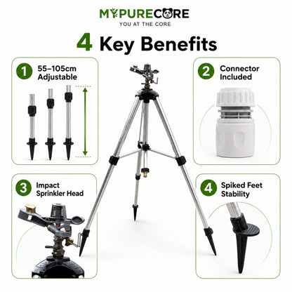 Aluminium Tripod Impact Sprinkler with Female Hose Connector, Adjustable 55-105cm Telescopic Garden Watering Stand with Spiked Feet for Lawns, Borders & Allotments
