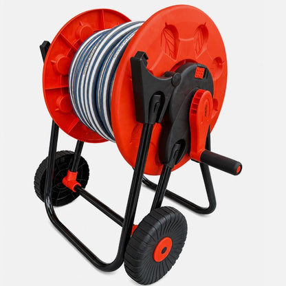 Hose Reel Cart with 30m Blue/Gray Garden Hose Pipe Watering Kit – Portable Wheeled Hose Trolley with Spray Nozzle, Connectors & Outdoor Irrigation Set