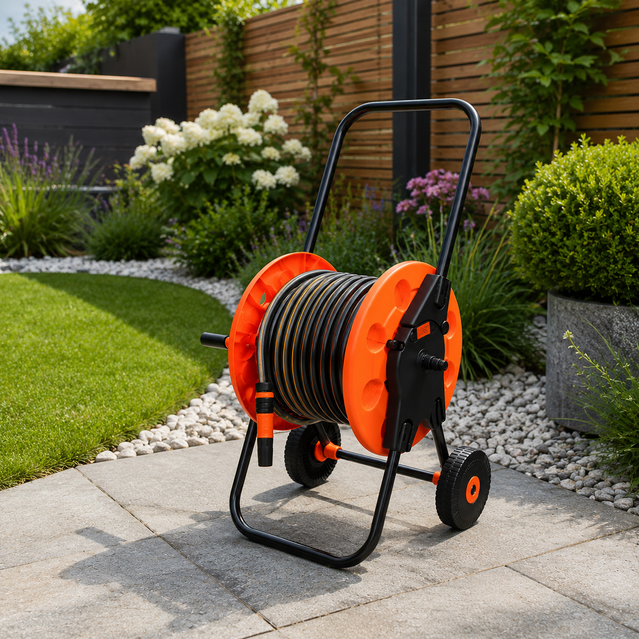 Garden Hose Reel Cart with 30m Black 4-Layer Hose, Wheeled Watering Trolley, Spray Nozzle & Hose Connectors, Portable Garden Hose Storage Cart