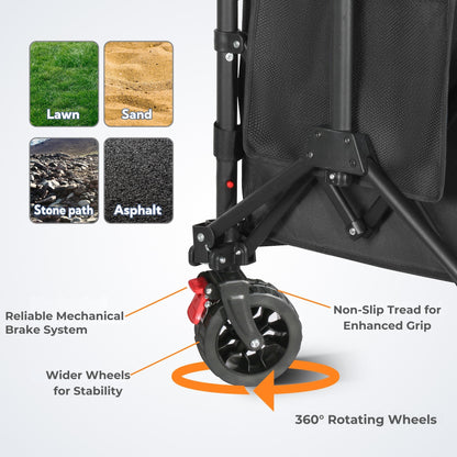 Heavy Duty Foldable Wagon Trolley with Wider Wheels & Brake – 120L Festival, Beach, Camping Cart for Kids, Dogs & Gardening – Collapsible Garden Pull Trolley, 100kg Load Capacity