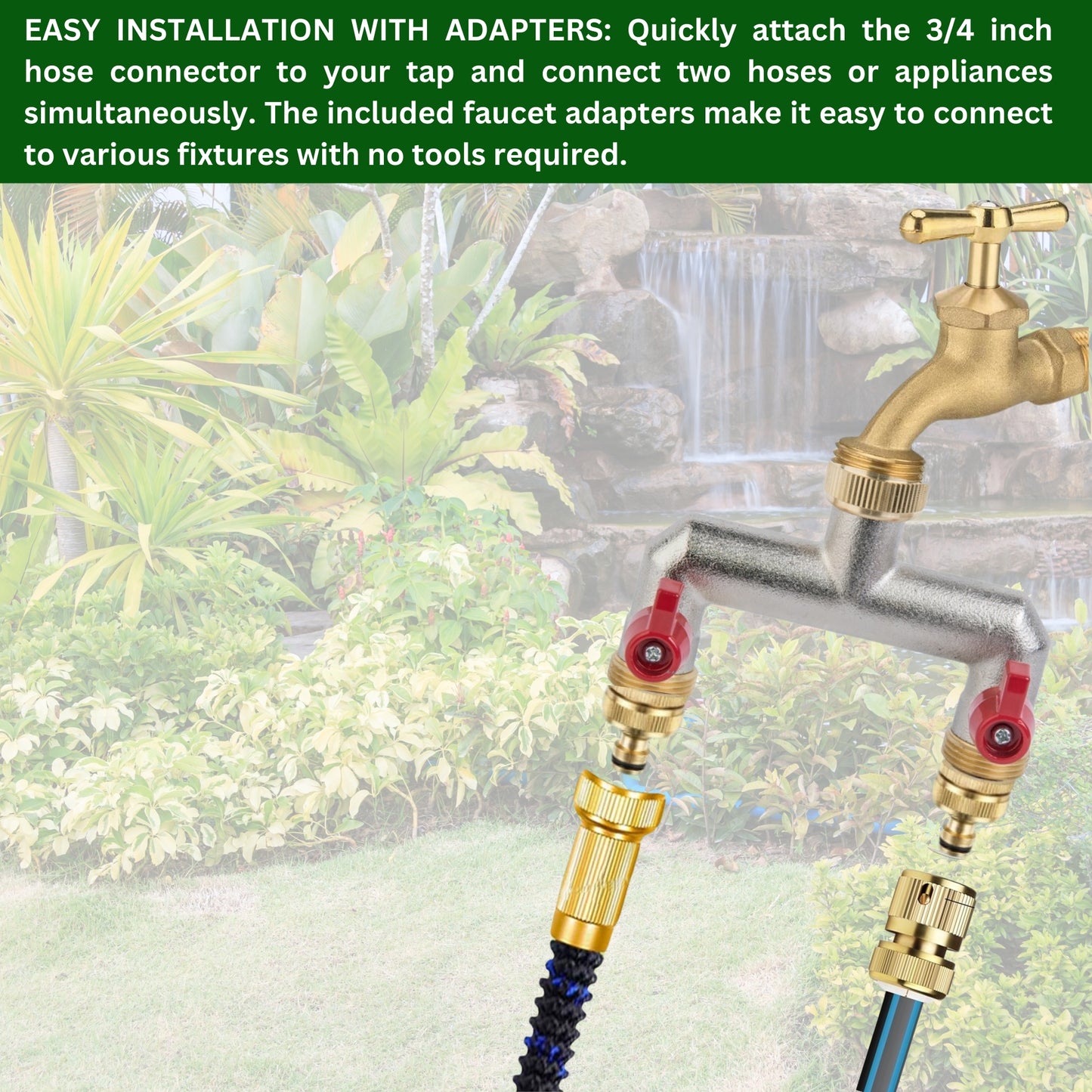 Brass 2-Way Garden Hose Tap Splitter with 2 Faucet Adapters & PTFE Tape