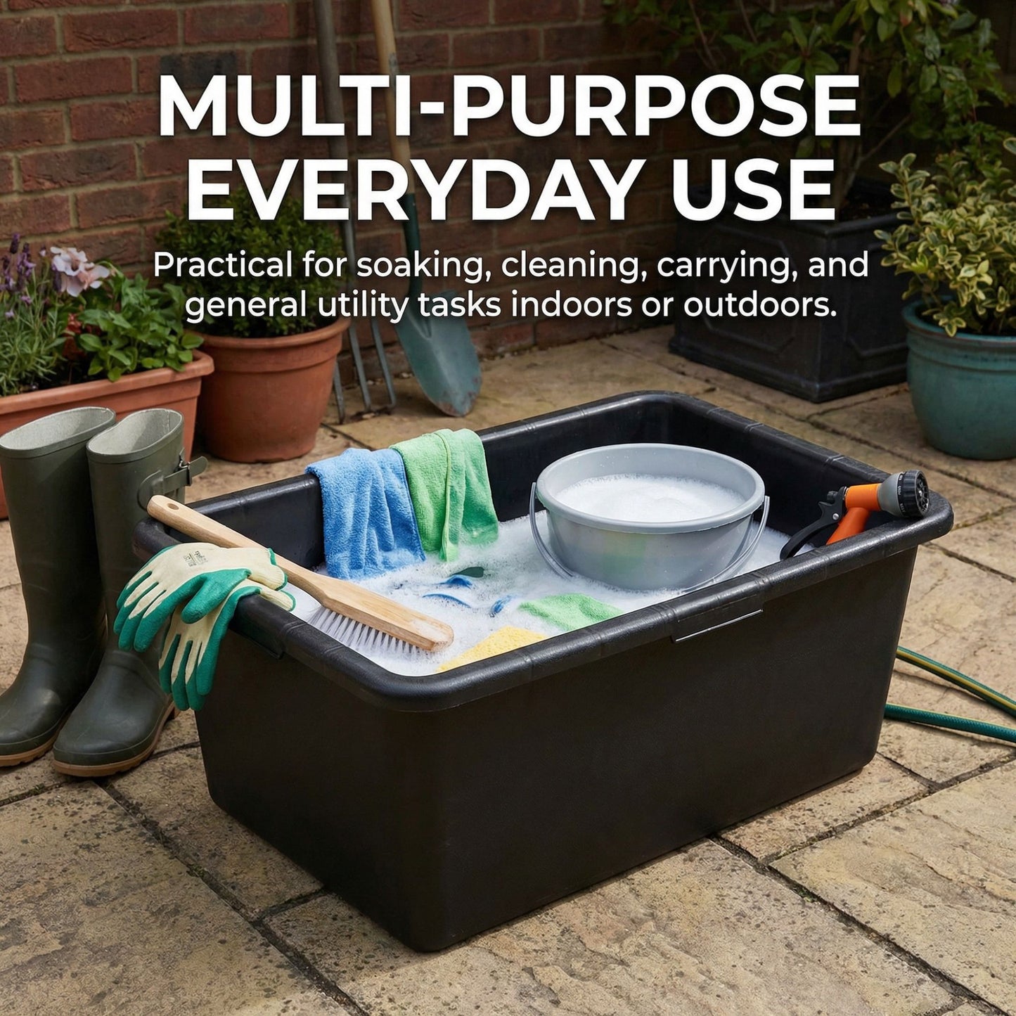 Black Mixing Tub Heavy Duty Rectangular Plastic Utility Container for Mortar Plaster Gardening Storage DIY Use Durable Multi Purpose Tray for Builders Home Garden Workshop