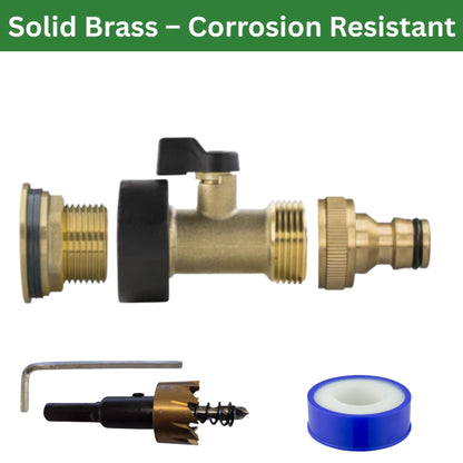 Water Butt Brass Kit 3/4" BSP to 1/2" – Heavy-Duty Brass Tank Connector with Tap Options & Drill Bit for Rainwater Harvesting & IBC Containers