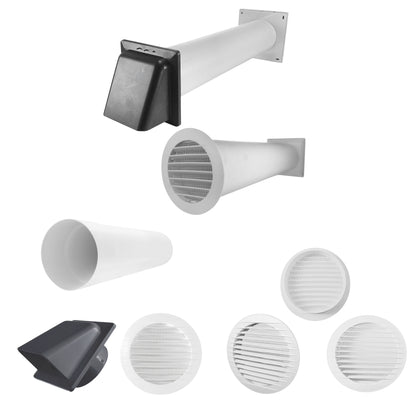 Through Wall Ventilation Kit – Round Louvre Vent with Fly Mesh, 50cm Rigid Duct Pipe & White External Hooded Cover with Damper – Durable Wall Air Vent for Bathroom, Kitchen & Home Use