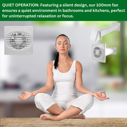 Through Wall Bathroom Ventilation Kit – 100mm Extractor Fan with Timer, Humidistat, 50cm PVC Duct & Louvre Vent – Quiet Ventilation for Toilet, Kitchen, Home & Office