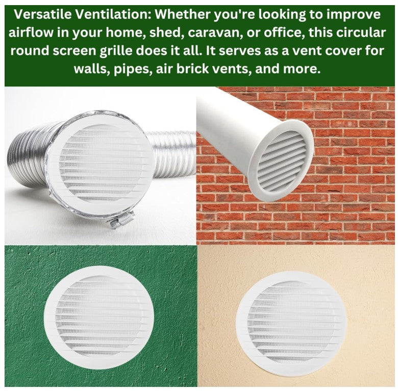 White Circular Ventilation Grille with Flyscreen - Round Air Vent 100mm – 4 inch Rear Spigot