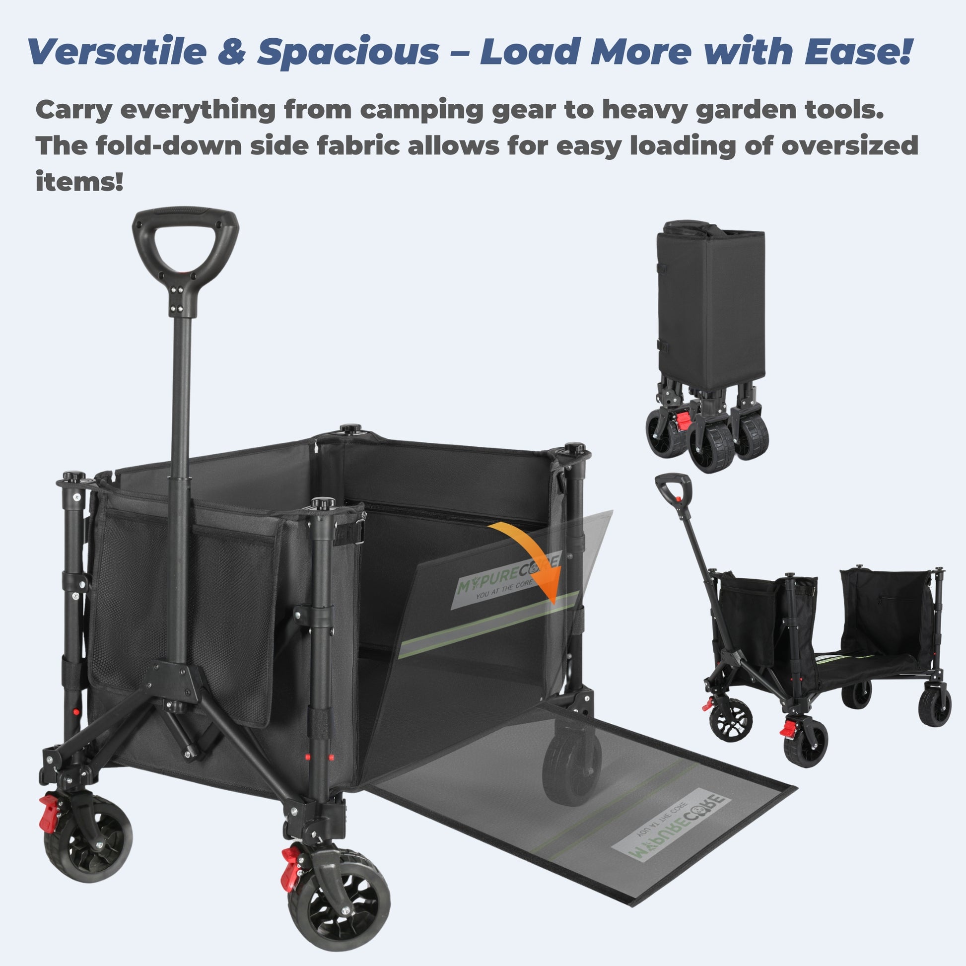 Heavy Duty Foldable Wagon Trolley with Wider Wheels & Brake – 120L Festival, Beach, Camping Cart for Kids, Dogs & Gardening – Collapsible Garden Pull Trolley, 100kg Load Capacity