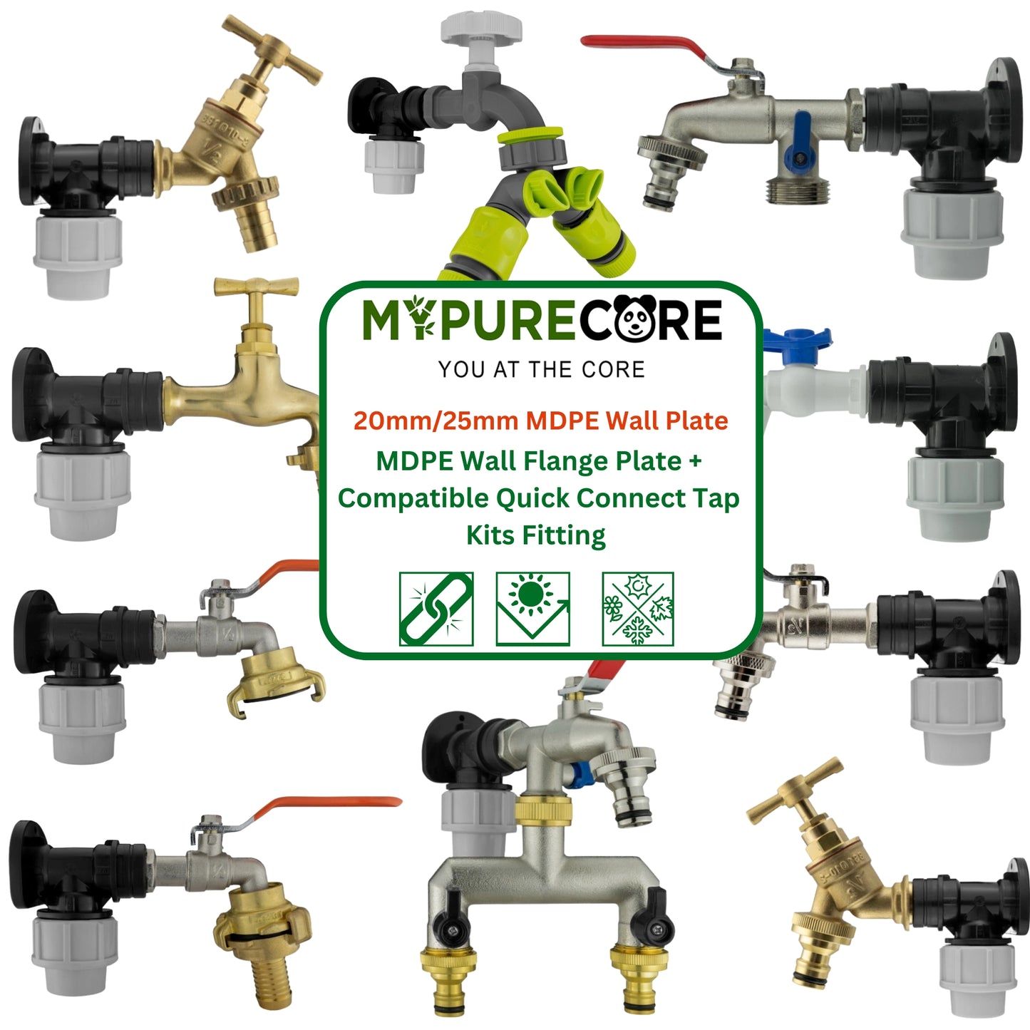 MDPE Wall Flange Plate + Compatible Quick Connect Tap Kits Fitting 20mm/25mm