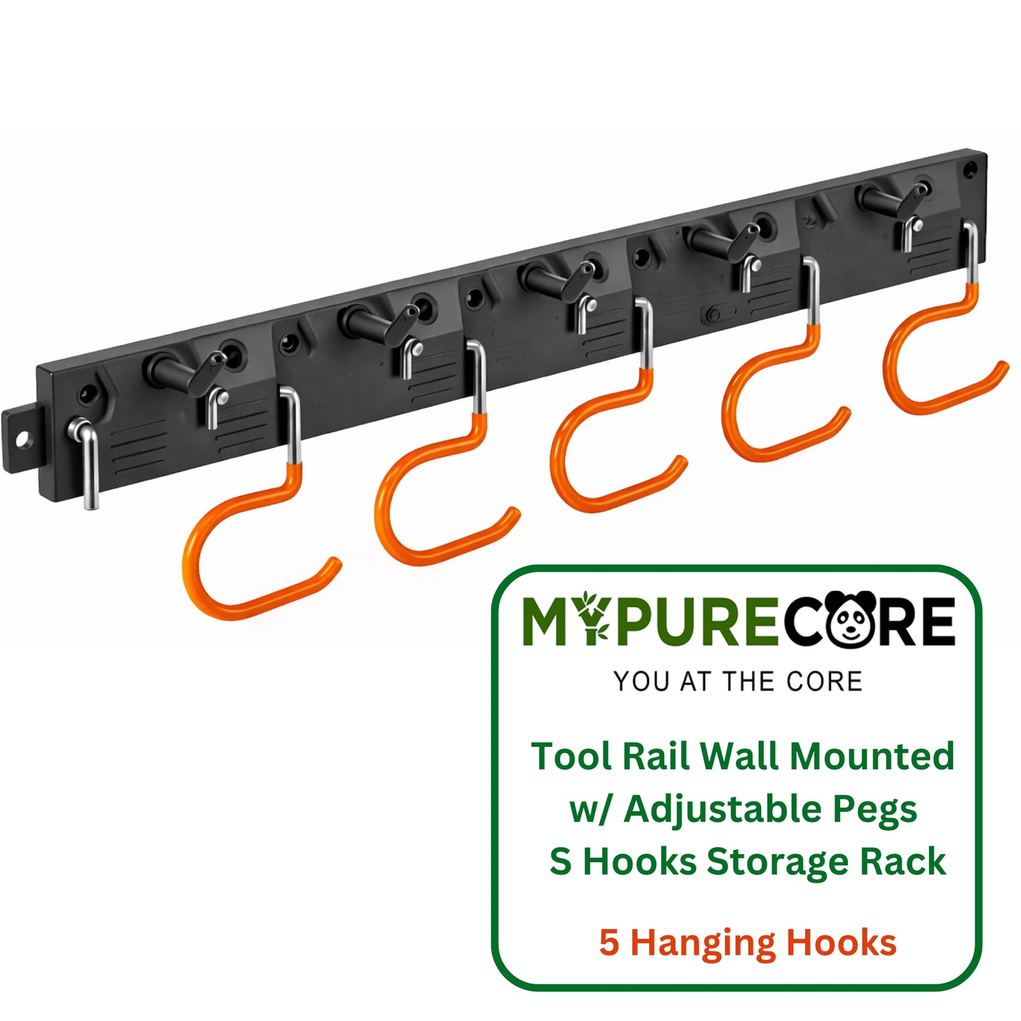 Tool Rail Wall Mounted w/ Adjustable Pegs S Hooks Storage Rack - 5 Hanging Hooks