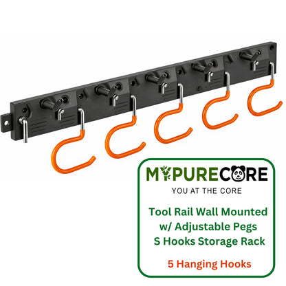 Tool Rail Wall Mounted w/ Adjustable Pegs S Hooks Storage Rack - 5 Hanging Hooks