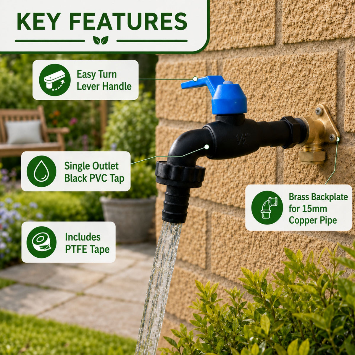 Brass 15mm Wall Flange Kit for Copper Pipe with Garden Tap Options, 1/2" BSP Connection & PTFE Tape – Outdoor Water Tap Fitting Set