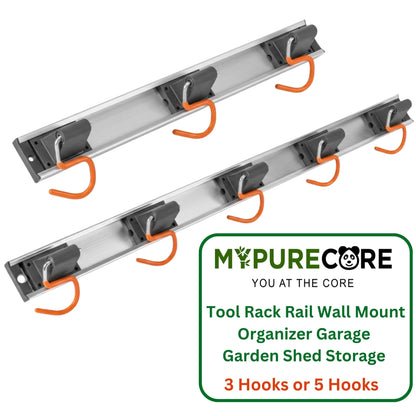 Tool Rack Rail Wall Mount Organizer Garage Garden Shed Storage 3 or 5 Hooks