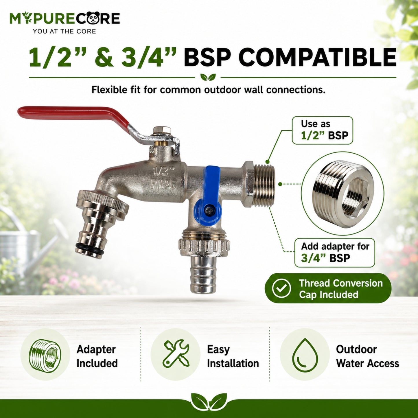 Double Garden Tap Kit with 1/2” & 3/4” BSP Adapter, Dual Lever Outdoor Water Tap with Quick Connect Fitting, Barbed Hose Outlet & PTFE Tape for Garden Hose, Irrigation & Greenhouse Use