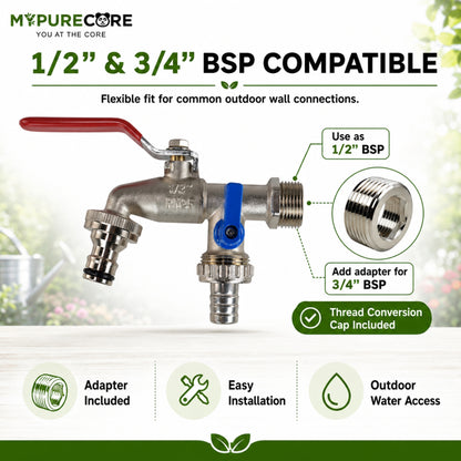 Double Garden Tap Kit with 1/2” & 3/4” BSP Adapter, Dual Lever Outdoor Water Tap with Quick Connect Fitting, Barbed Hose Outlet & PTFE Tape for Garden Hose, Irrigation & Greenhouse Use