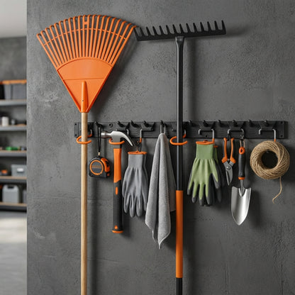 Tool Rail Wall Mounted w/ Adjustable Pegs S Hooks Storage Rack - 5 Hanging Hooks