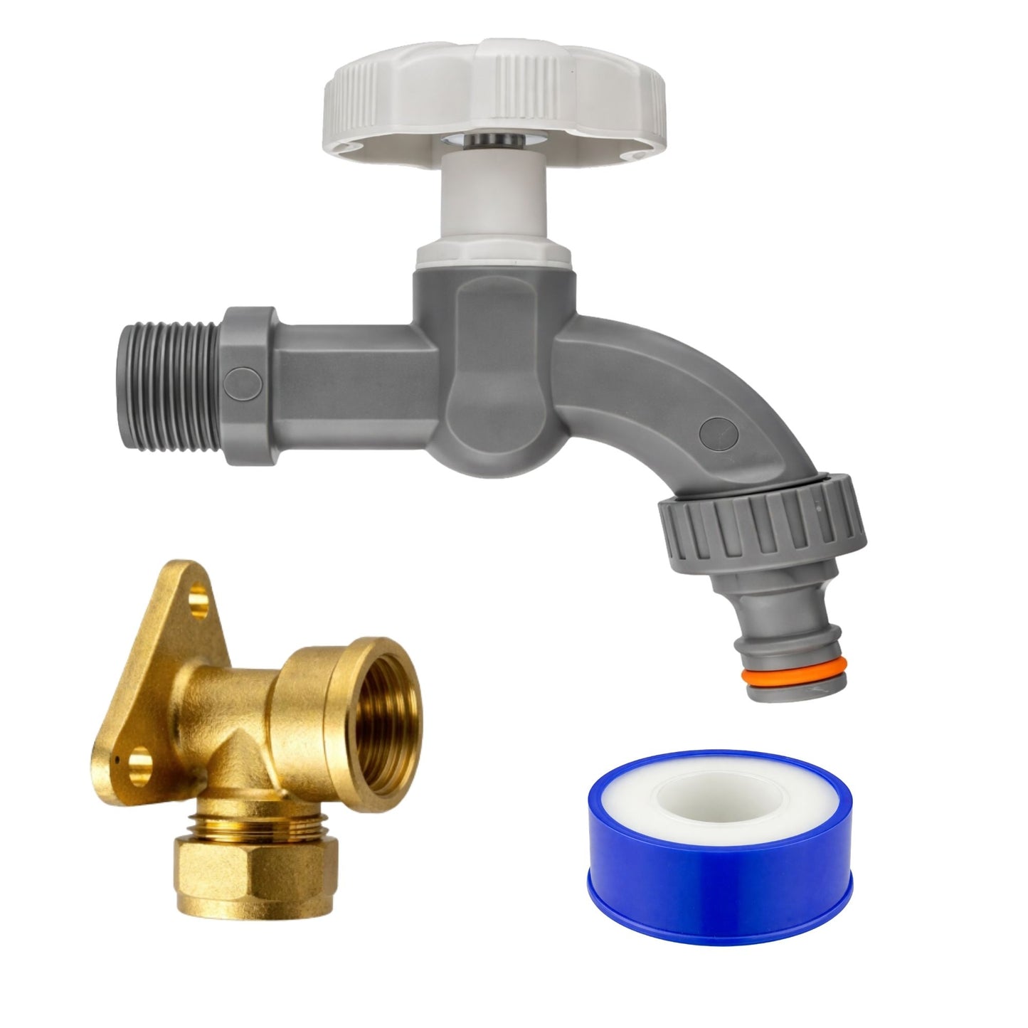 Garden Outdoor Tap Kit with 15mm Brass Compression Wall Plate – Tap Options with Hose Connector Compatibility, PTFE Tape Included for Garden Watering, Irrigation, Outdoor Use