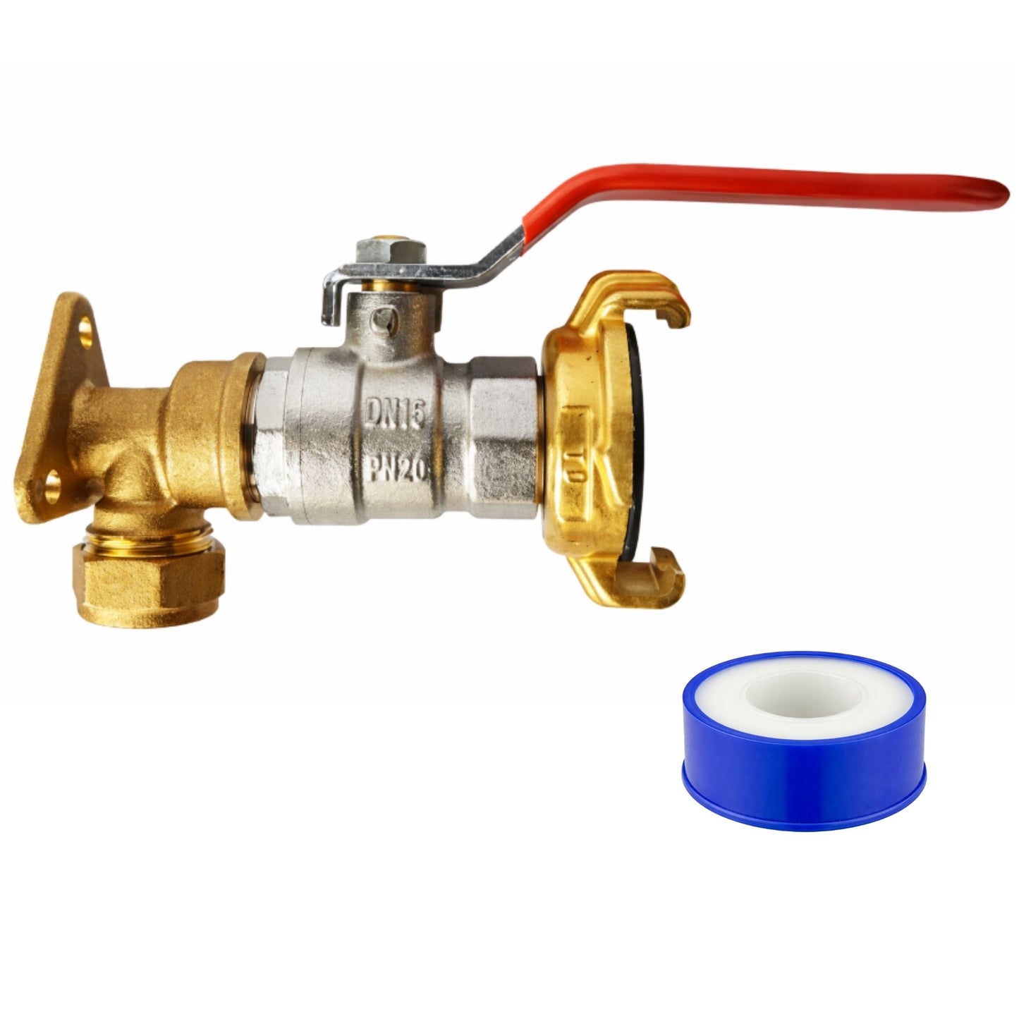 Garden Outdoor Tap Kit with 15mm Brass Compression Wall Plate – Tap Options with Hose Connector Compatibility, PTFE Tape Included for Garden Watering, Irrigation, Outdoor Use