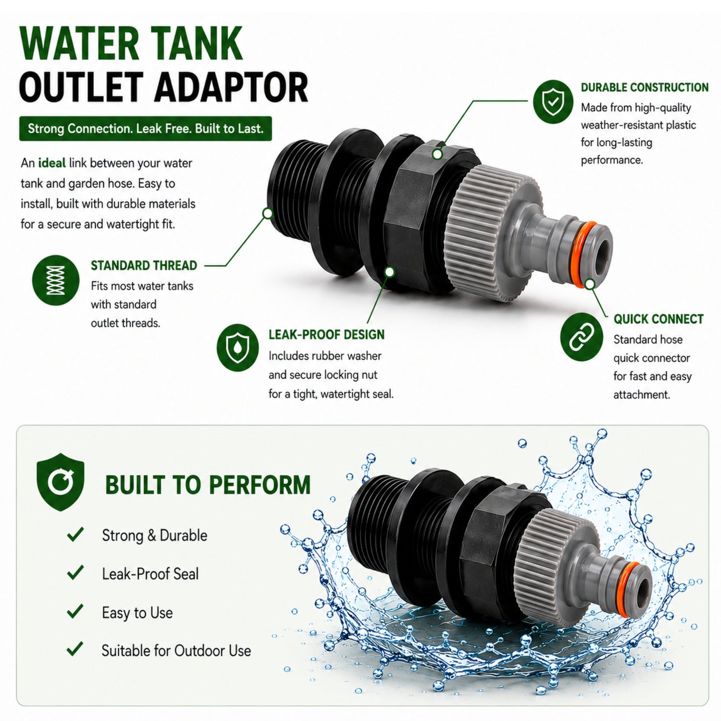 Water Butt Barrel Outlet Connector 1/2" 3/4" 1" BSP Tank Fitting with Click-Lock Hose Connector for Rainwater Barrels & Water Tanks