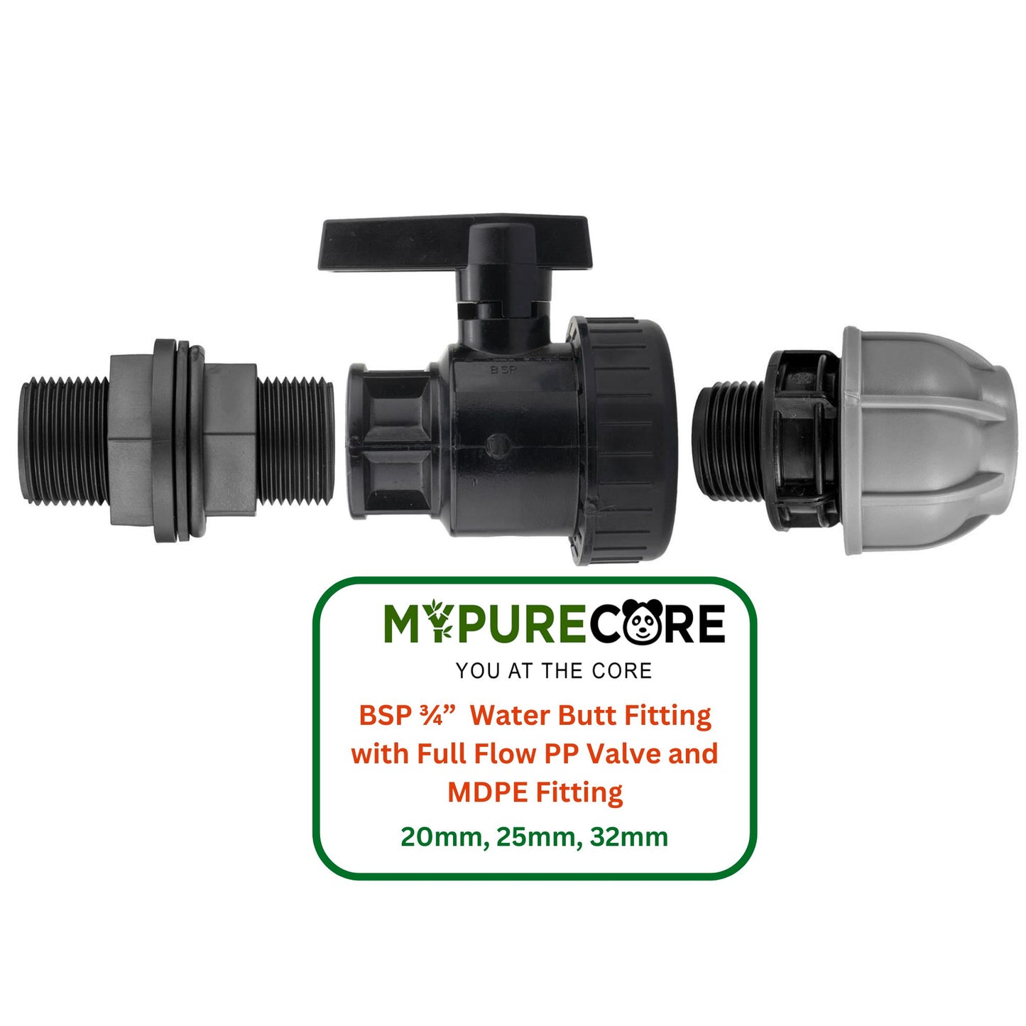 Water Butt Connector Kit 3/4" BSP with Full Flow PP Ball Valve & MDPE Straight Compression Fitting 20mm 25mm 32mm for Rainwater Tanks & Irrigation