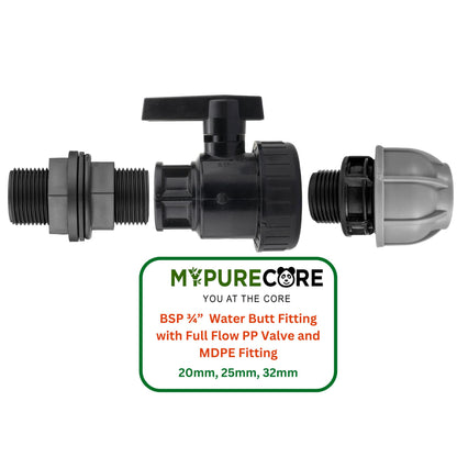 Water Butt Connector Kit 3/4" BSP with Full Flow PP Ball Valve & MDPE Straight Compression Fitting 20mm 25mm 32mm for Rainwater Tanks & Irrigation