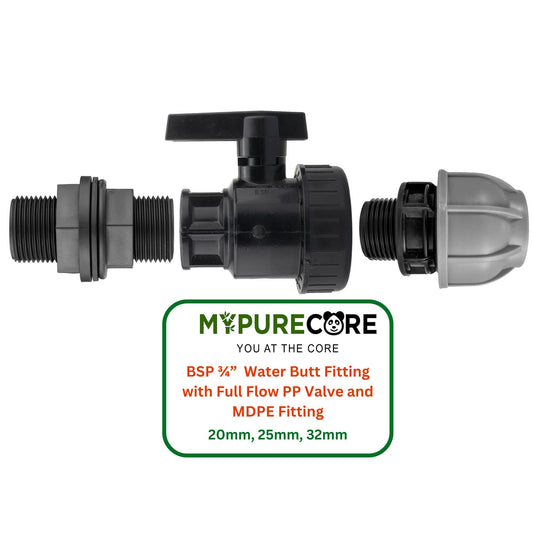 Water Butt Connector Kit 3/4" BSP with Full Flow PP Ball Valve & MDPE Straight Compression Fitting 20mm 25mm 32mm for Rainwater Tanks & Irrigation