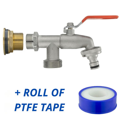 Water Butt Brass Kit 1” BSP to 3/4” – Heavy-Duty Brass Tank Connector with PTFE Tape & Lever Tap Options – Rainwater Harvesting, Barrels & IBC Containers