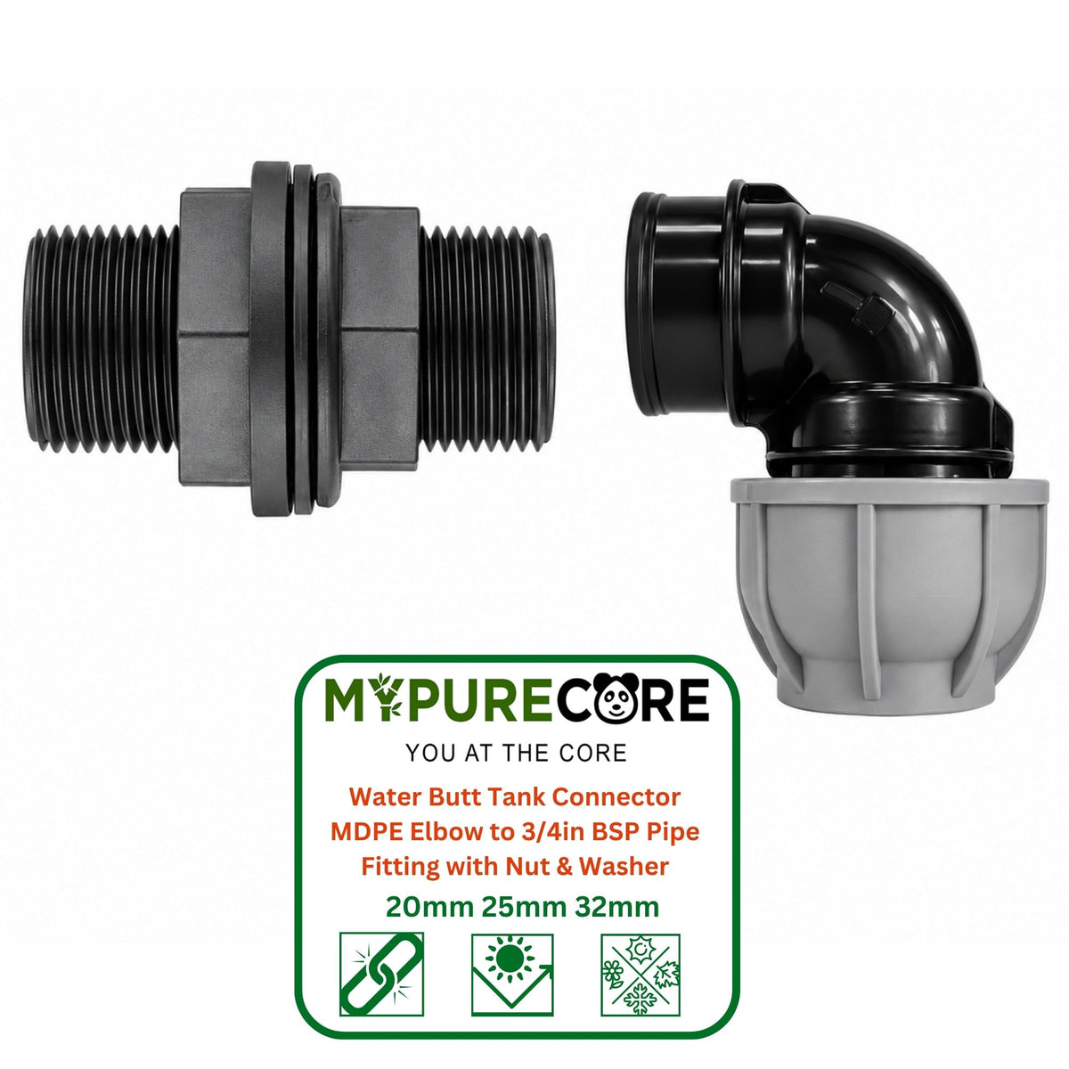 Water Butt Tank Connector MDPE Elbow to 3/4in BSP Pipe Fitting with Nut & Washer
