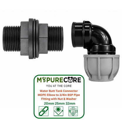 Water Butt Tank Connector MDPE Elbow to 3/4in BSP Pipe Fitting with Nut & Washer