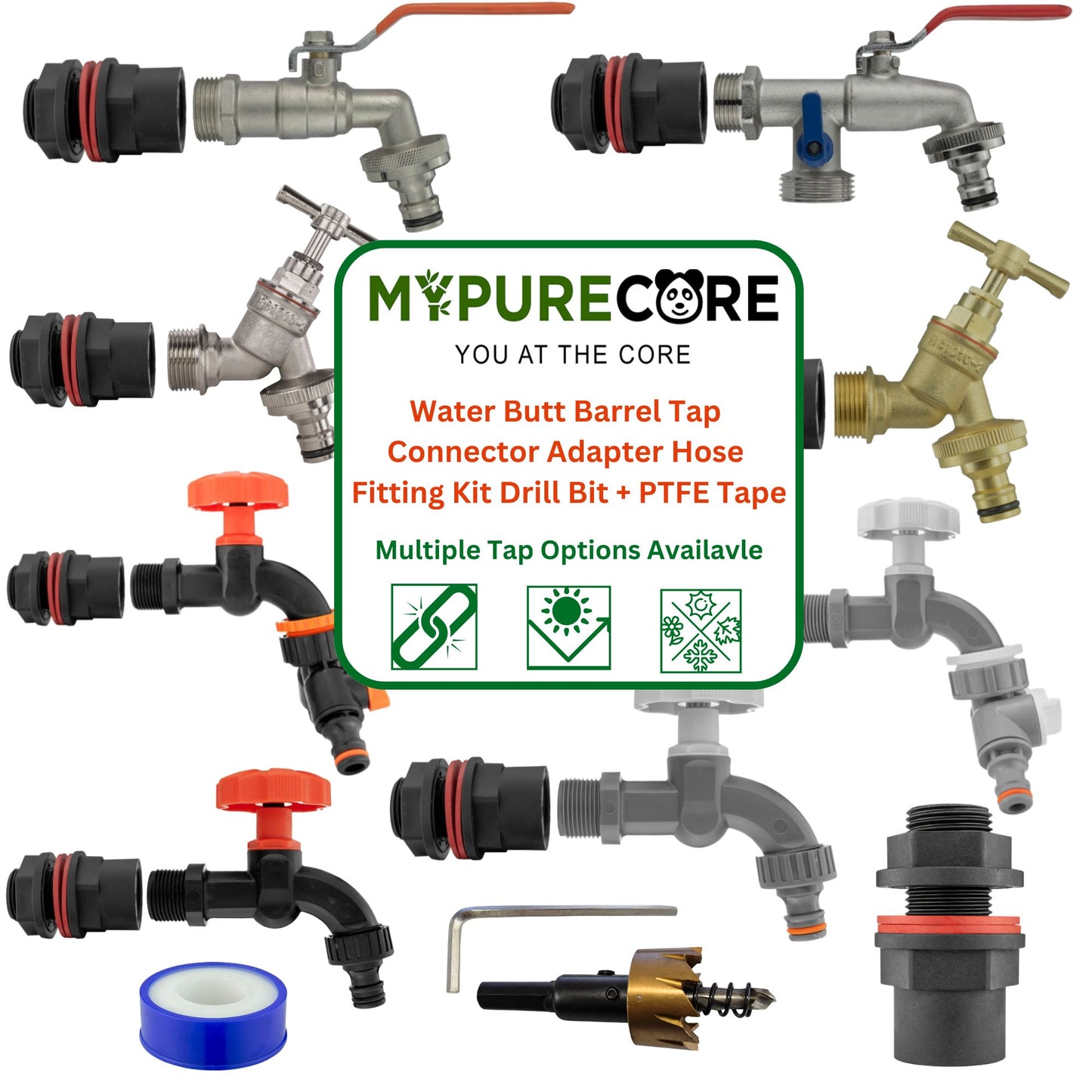 Water Butt Barrel Tap Connector Kit with Drill Hole Saw Cutter – Adapter Hose Fitting with Tap Options & PTFE Tape for Rain Barrel, Water Tank & Garden Use