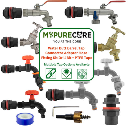 Water Butt Barrel Tap Connector Kit with Drill Hole Saw Cutter – Adapter Hose Fitting with Tap Options & PTFE Tape for Rain Barrel, Water Tank & Garden Use