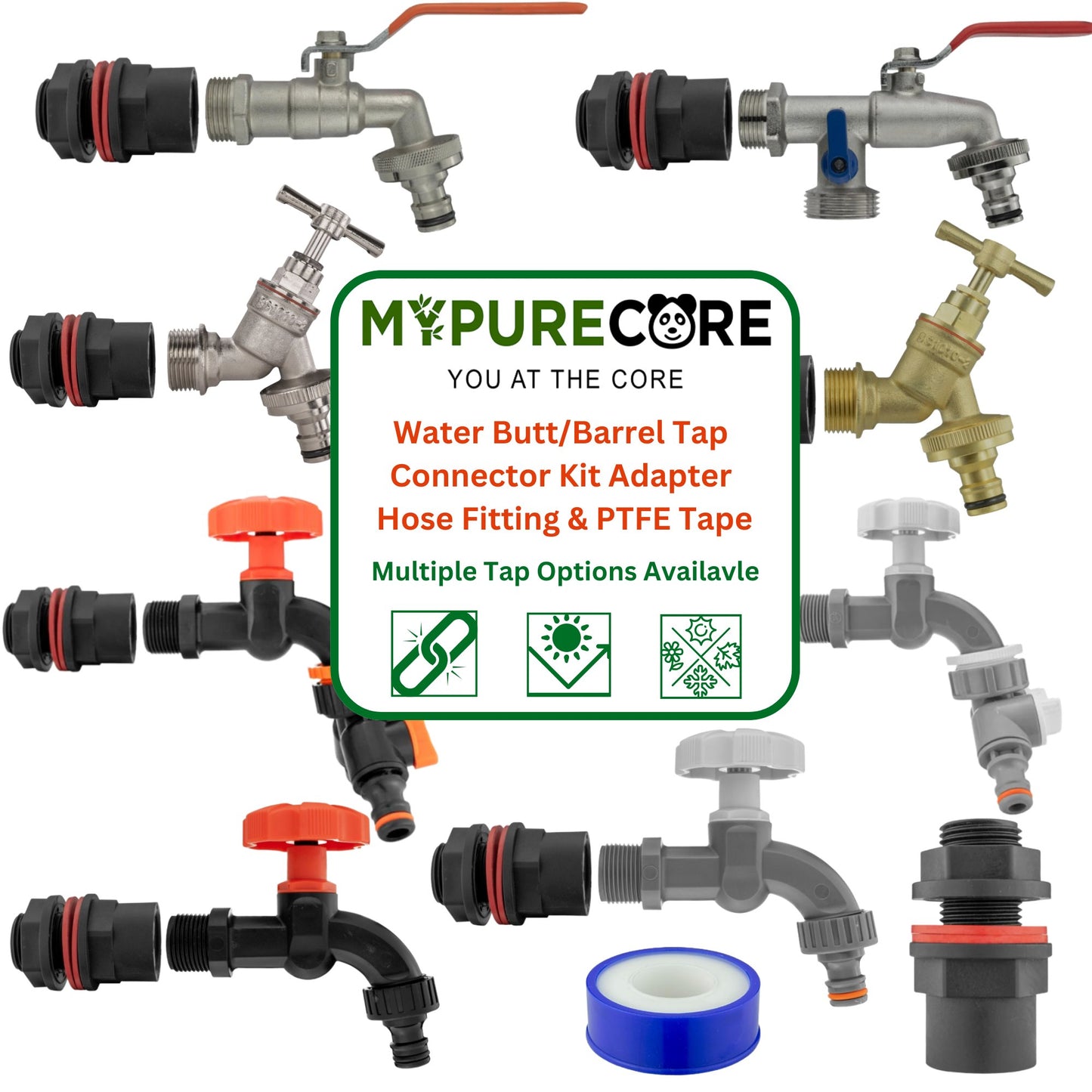 Water Butt Tap Adapter Kit for Rain Barrel & Water Tank – Hose Connector, Tap Options & PTFE Tape