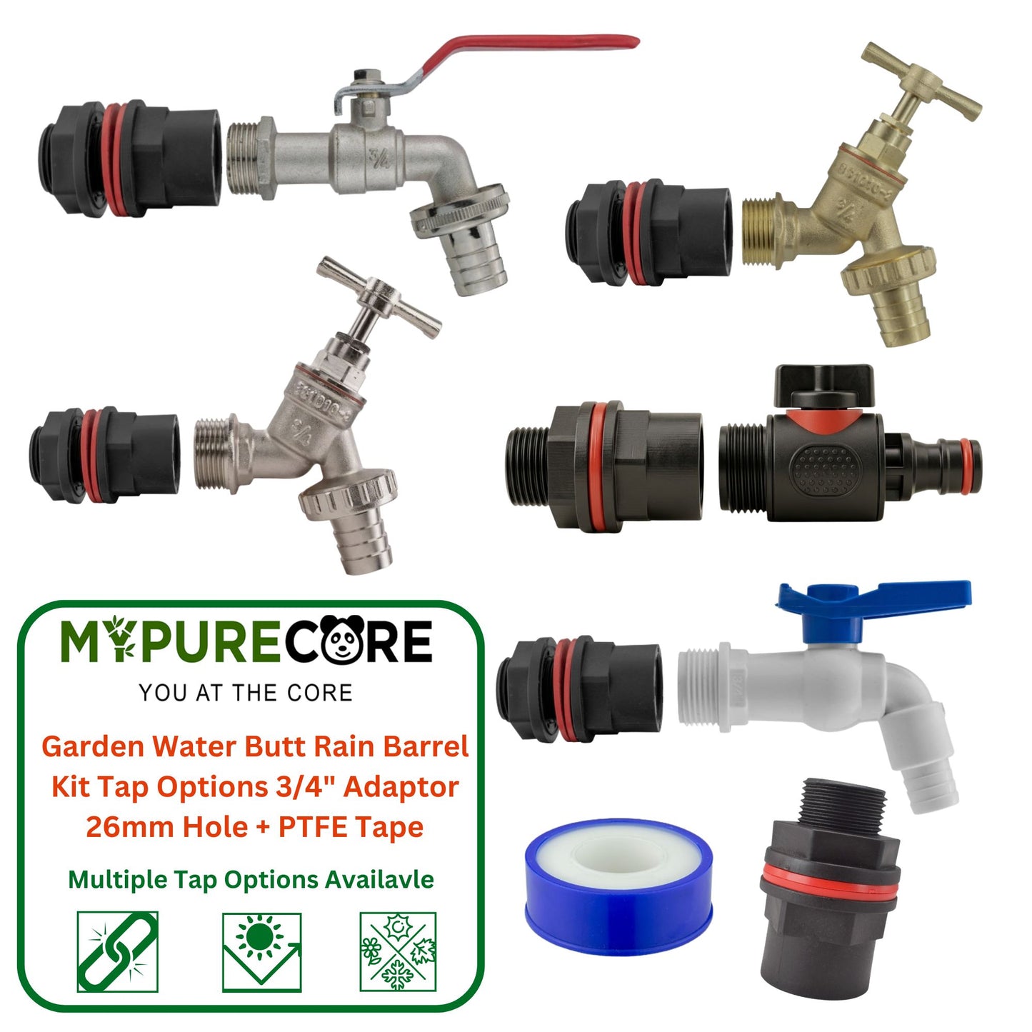 Garden Water Butt Rain Barrel Tap Kit 3/4" Adaptor for 26mm Holes and PTFE Sealing Tape included for a Leak-Proof Seal