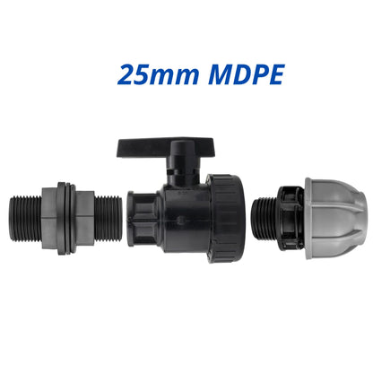Water Butt Connector Kit 3/4" BSP with Full Flow PP Ball Valve & MDPE Straight Compression Fitting 20mm 25mm 32mm for Rainwater Tanks & Irrigation