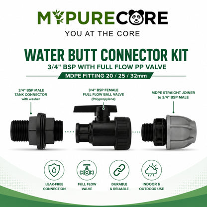 Water Butt Connector Kit 3/4" BSP with Full Flow PP Ball Valve & MDPE Straight Compression Fitting 20mm 25mm 32mm for Rainwater Tanks & Irrigation