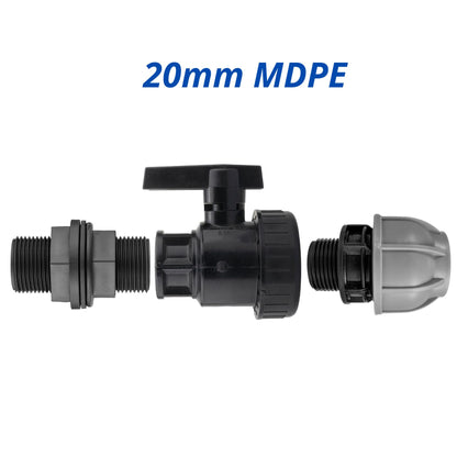 Water Butt Connector Kit 3/4" BSP with Full Flow PP Ball Valve & MDPE Straight Compression Fitting 20mm 25mm 32mm for Rainwater Tanks & Irrigation