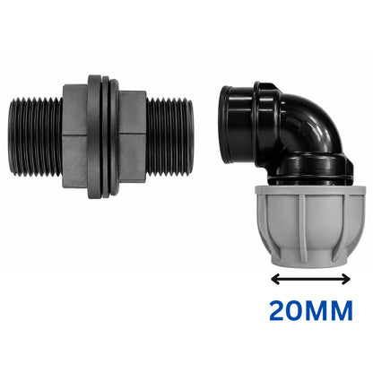 Water Butt Tank Connector MDPE Elbow to 3/4in BSP Pipe Fitting with Nut & Washer