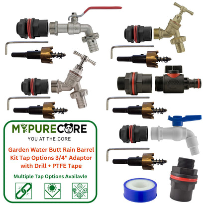 Garden Water Butt Tap Kit with Drill Bit – Rain Barrel Adapter 3/4" BSP Hose Connector with Tap Options, Washers & PTFE Tape for Water Tank, IBC & Garden Irrigation Systems