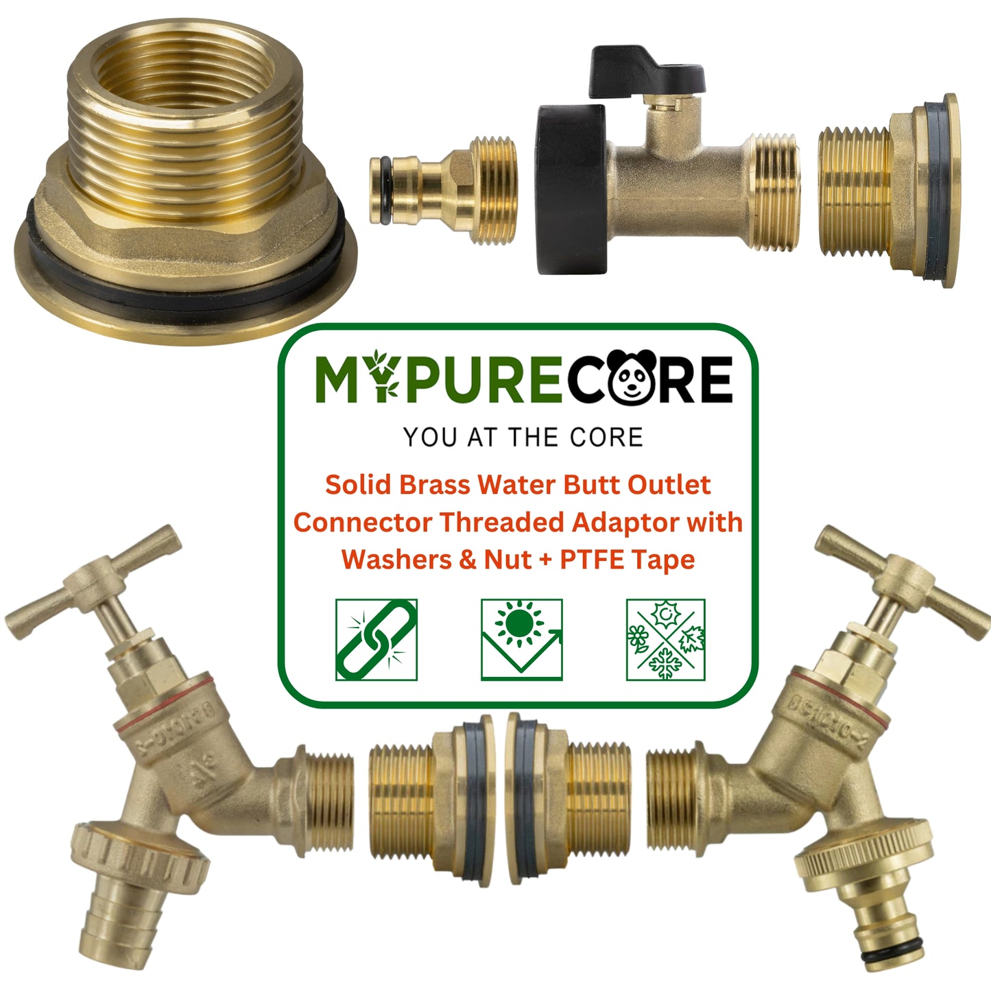 Solid Brass Water Butt Outlet Connector Threaded Adaptor with Washers, Nut & PTFE Tape for Rain Barrels, Tanks & Water Storage Systems