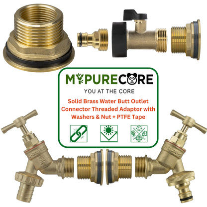 Solid Brass Water Butt Outlet Connector Threaded Adaptor with Washers, Nut & PTFE Tape for Rain Barrels, Tanks & Water Storage Systems